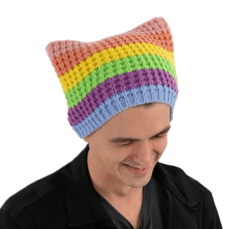 Pastel Rainbow Striped Cat Beanie – - Main Image