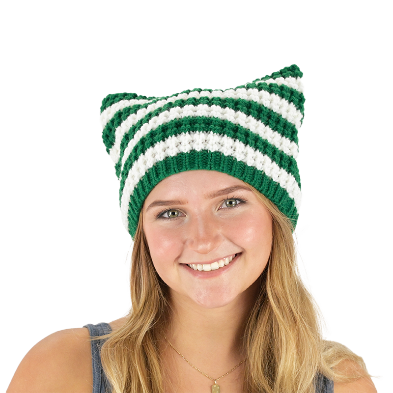 Green and White Striped Cat Beanie