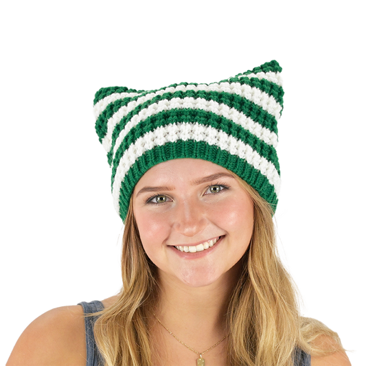 Green and White Striped Cat Beanie